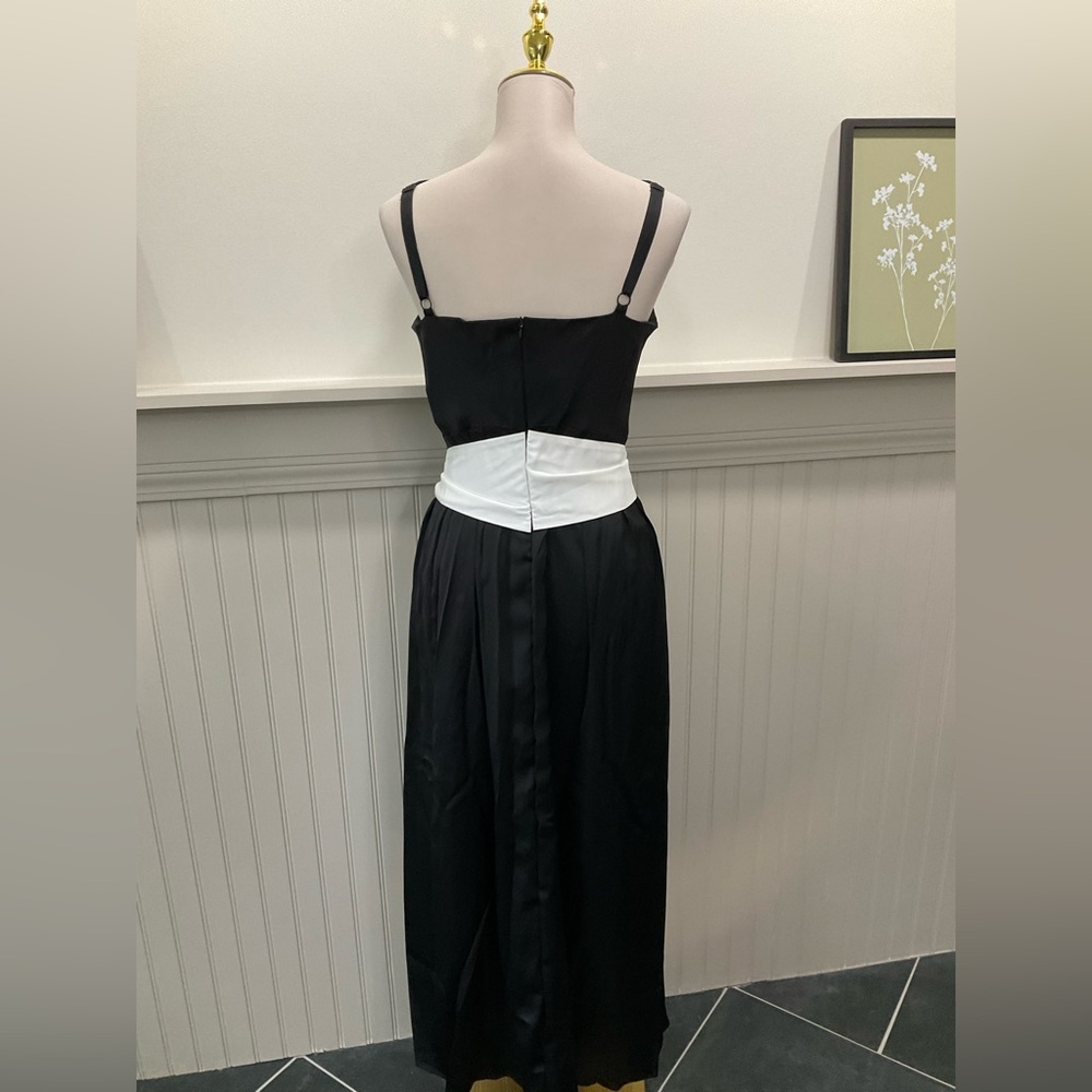Dalia MacPhee Black Satin Tea Length Bow Dress Size L Pockets Elegant Formal - Picture 3 of 4